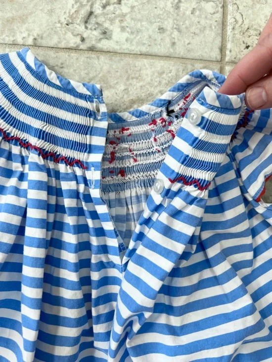 Classic Whimsy Lobster Treasures Smocked Blue Striped Angel Sleeve Dress, 4T - Picture 4 of 7